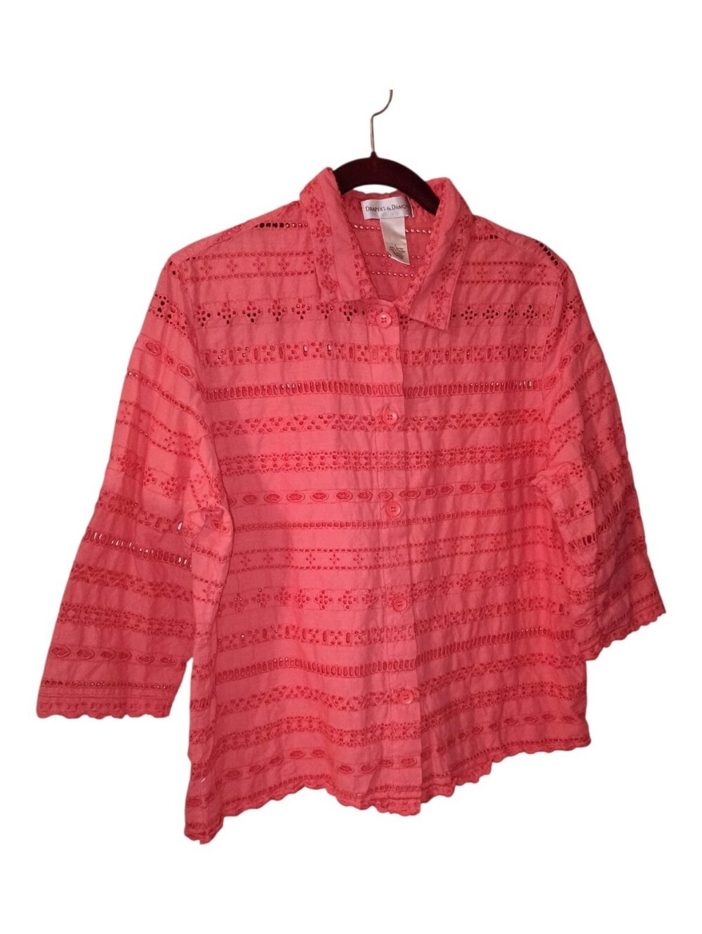Draper's & Damon's Eyelet Blouse, Orange, 3/4 Sleeve, Women's Size L, Pre-owned